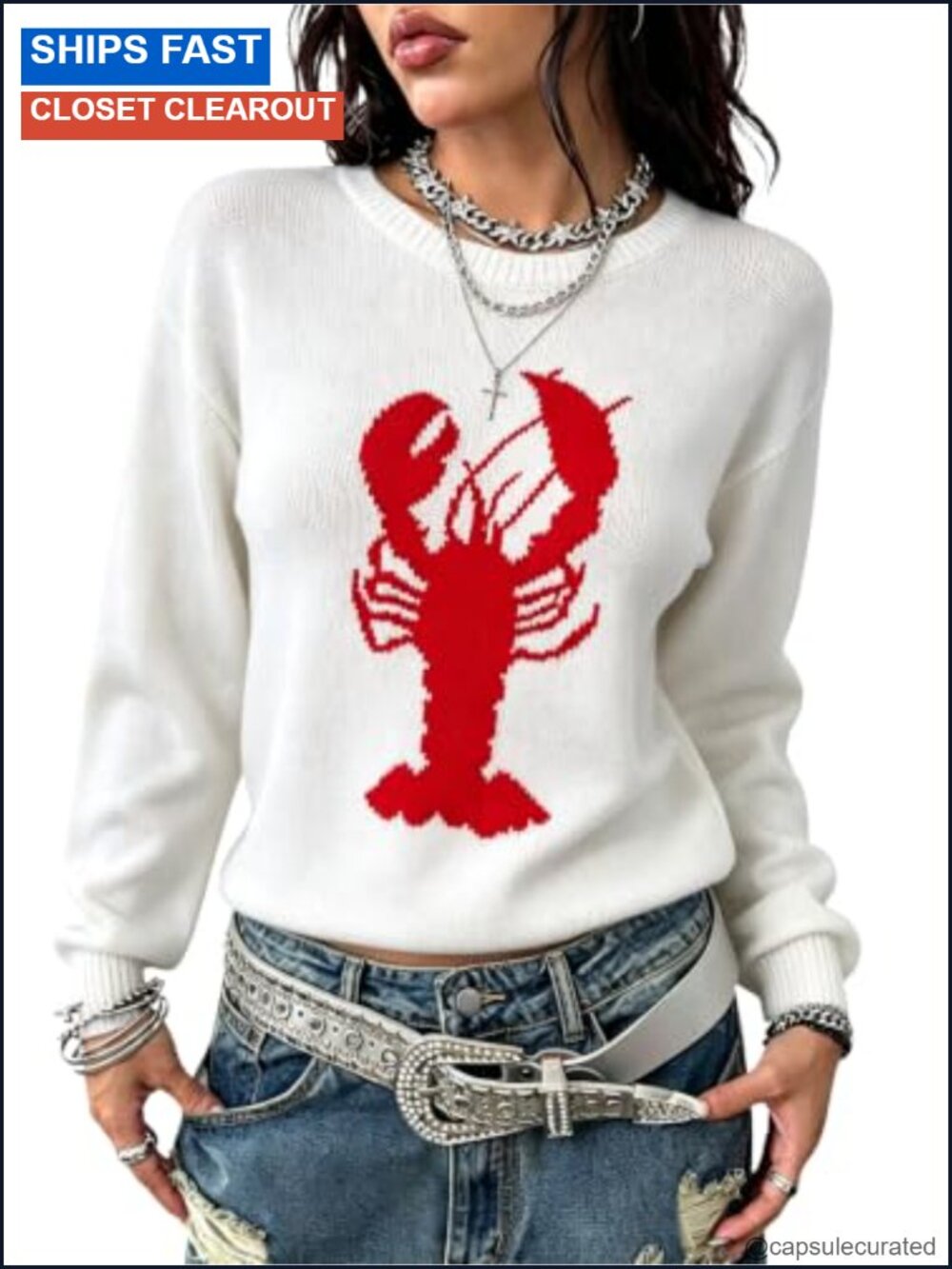 Lightweight Knit Graphic Lobster Pullover Sweater Crew Neck Long Sleeve